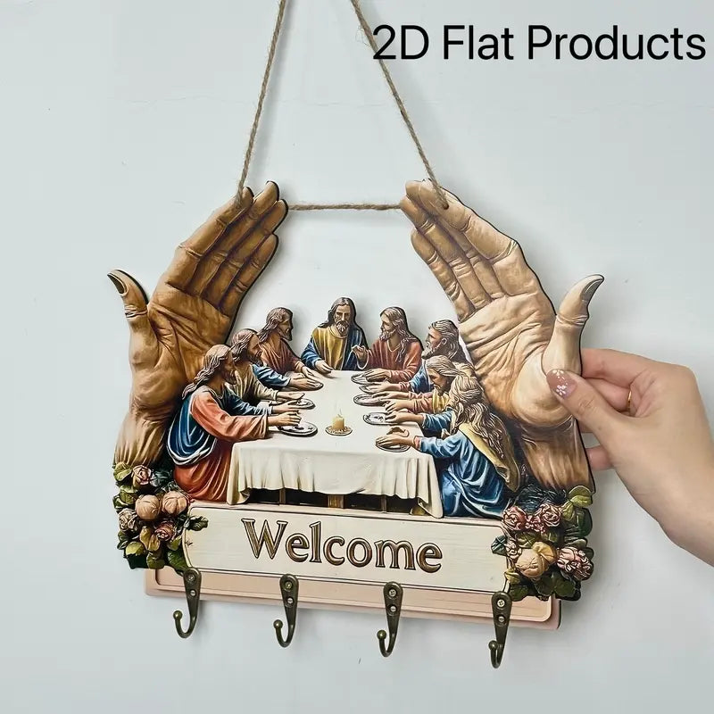Flat Jesus and Disciples Wall Art Keychain 1 Piece Pack, Exquisite Religious Design with Four Metal Hooks, 10.4"x11.8" Artificial Wood & Metal Frame, Porch Welcome Sign, Farmhouse Style Seasonal Home Decor, Intricate Craftsmanship,Mother's Day gift