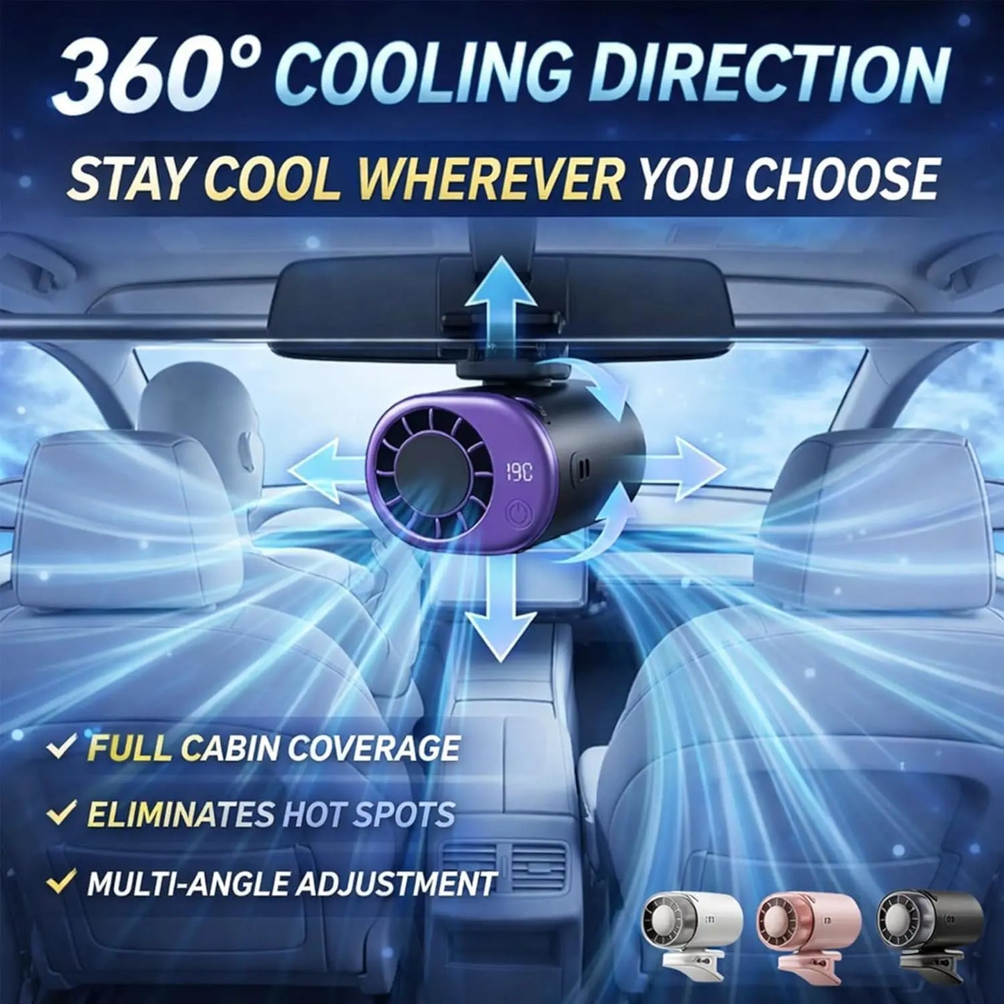 2026 New Car Clip On Air Conditioner Fan with LED Display - 360° Rotation, Portable Mini Cooling System for Auto Vehicle USB Rechargeable, 199 Speeds Adjustable, 16℃ Semi-Cooling Wide Clamp