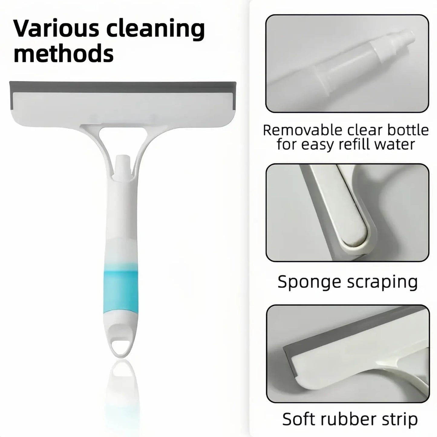 Limpiacristales 3 en 1, raspador, escurridor y estropajo con pulverizador, herramienta de limpieza multifuncional para el hogar, limpiador de parabrisas de coche, toallita ligera de microfibra de silicona
